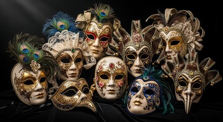 elegant ornate venetian carnival masks collection dark background