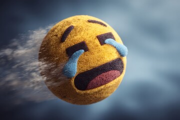 A vibrant, textured crying emoji floating against a blurred blue background, evoking emotion