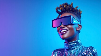 A stylish person with short twisted hair smiles brightly wearing futuristic purple-tinted glasses and a shiny metallic outfit against a vibrant blue-purple gradient background.