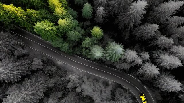 Elektroauto aus Drohnenperspektive mit Farbwechseleffekt im Wald &ndash; Schwarz-Wei&szlig; zu leuchtender Natur. K&uuml;nstliche Intelligenz KI