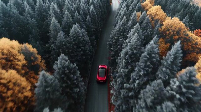 Elektroauto aus Drohnenperspektive mit Farbwechseleffekt im Wald &ndash; Schwarz-Wei&szlig; zu leuchtender Natur. K&uuml;nstliche Intelligenz KI
