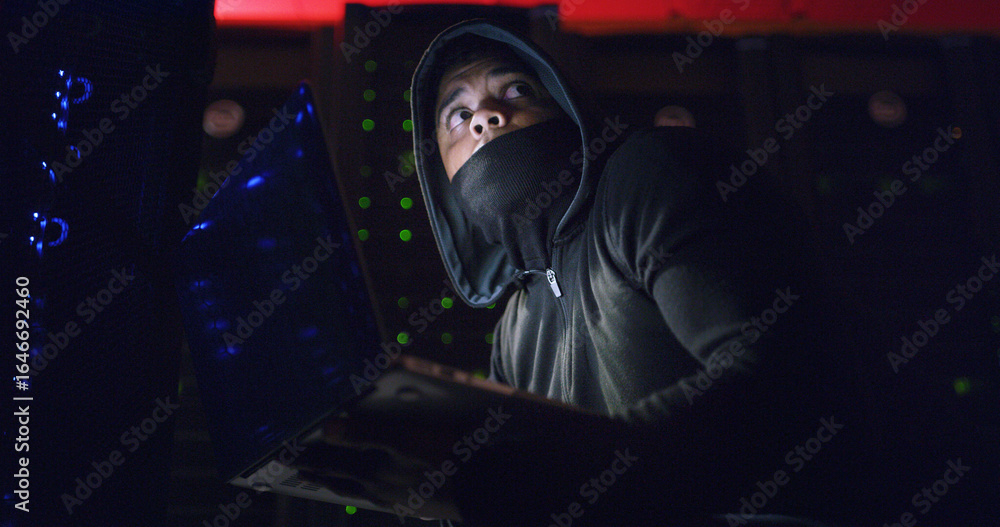 Aufkleber night, scared and man on laptop for hacking, programming or cybersecurity website. software attack, 