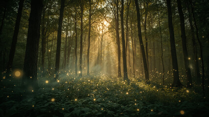 Obraz premium Magical Forest with Fireflies at Sunset