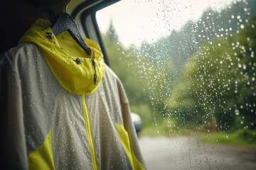 A vibrant yellow rain jacket hanging inside a vehicle, with raindrops on the window and a lush forest background