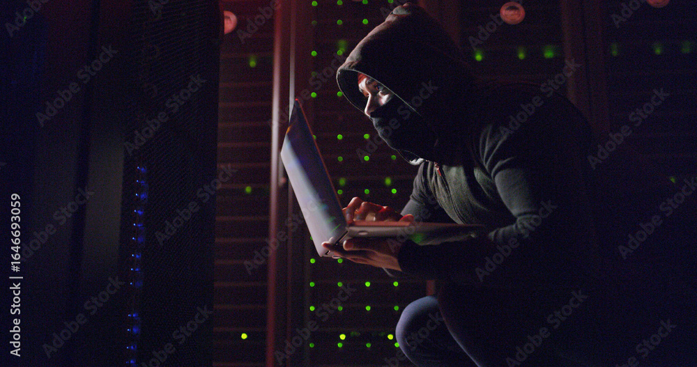 Aufkleber mask, man or hacking with laptop for cybersecurity, programming or breach in night. software attack,