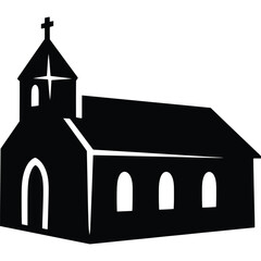 A silhouette of a church with a cross on top against a white background in a simple vector style