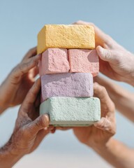 Diverse Hands Stacking Colorful Blocks in Collaborative Teamwork Authentic Modern Trust and Cooperation for Professional Marketing and Social Media Campaigns