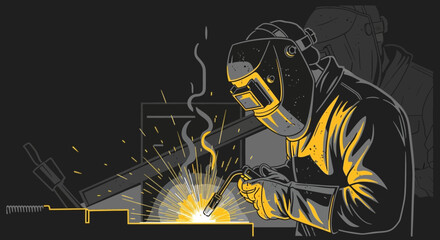 Detailed illustration of a welder at work, creating bright sparks