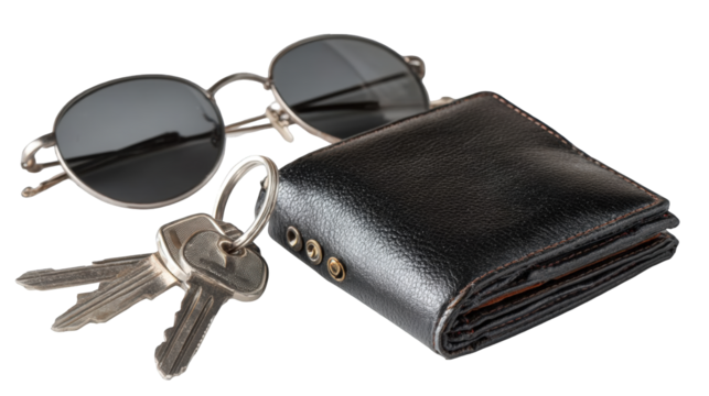 A collection of mens personal accessories: a black leather wallet metal keys and round sunglasses with a silver frame.