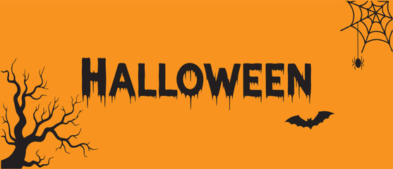 "Trendy Halloween Text in Black with Spider Web, Creepy Tree & Horror Elements – Scary Typography Design for Posters, Cards, Invitations, Party Decor & Seasonal Art – Editable Vector Illustration"