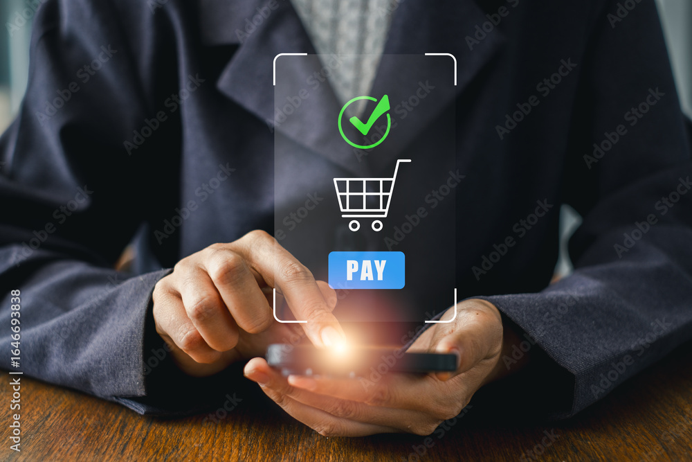 Poster close-up of a person using a smartphone for e-payment, illustrating modern digital transactions and 