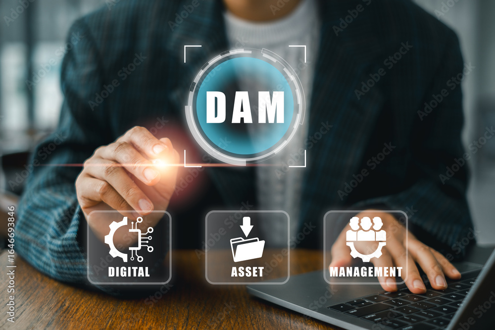 Poster visual representation of digital asset management with icons and a professional using a laptop for d