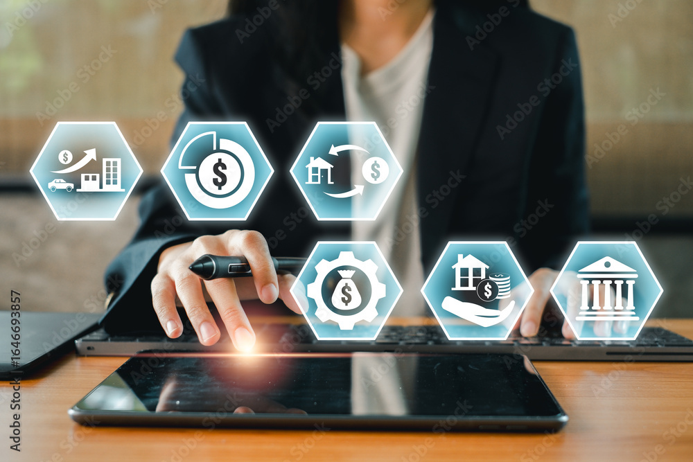 Poster visual representation of asset management using digital icons and technology for financial growth an