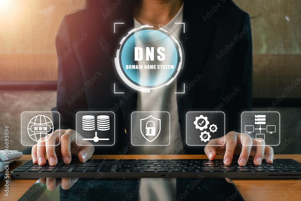 Poster visual representation of dns technology with digital icons symbolizing internet, security, and data 