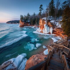 Frozen shoreline, vibrant colors, and icy waves meet