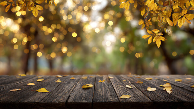Empty wooden table with fallen autumn leaves and blurred golden bokeh lights in a park setting