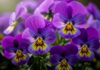 Purple Pansies with Dew Drops, Nature's Delicate Beauty