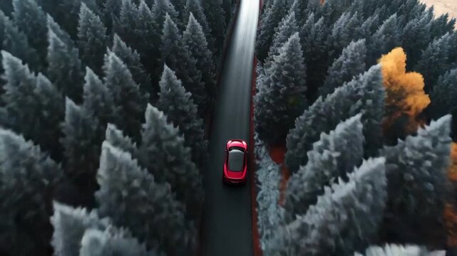 Elektroauto aus Drohnenperspektive mit Farbwechseleffekt im Wald &ndash; Schwarz-Wei&szlig; zu leuchtender Natur. K&uuml;nstliche Intelligenz KI