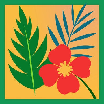 Vibrant tropical flower and leaves on gradient background
