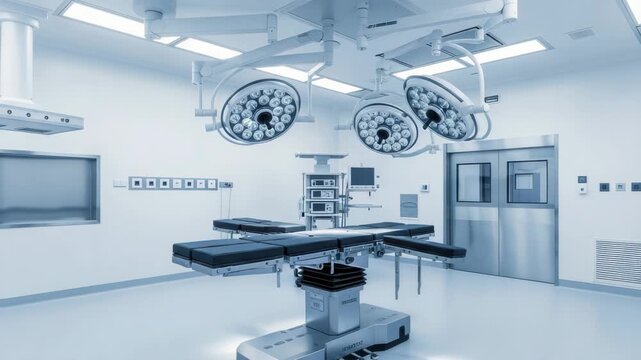 A modern operating room equipped with advanced surgical lights and a patient table, ready for a medical procedure in a sterile hospital environment