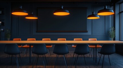 Conference room features a long wooden table surrounded by black chairs.