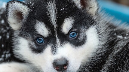 A black and white husky puppy with blue eyes laying in the snow.