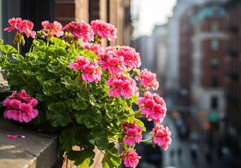 Vibrant pink geraniums bloom on a city balcony, bringing joy