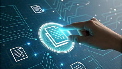 Hand touching digital document icon on circuit board