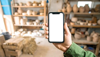 Close-up of a craftsman's hand holding a smartphone with a blank screen in a pottery studio. Mockup template for an online shop.