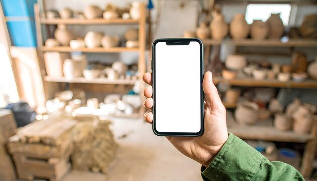 Close-up of a craftsman's hand holding a smartphone with a blank screen in a pottery studio. Mockup template for an online shop. - Powered by Adobe