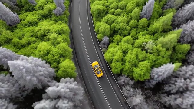 Elektroauto aus Drohnenperspektive mit Farbwechseleffekt im Wald &ndash; Schwarz-Wei&szlig; zu leuchtender Natur. K&uuml;nstliche Intelligenz KI
