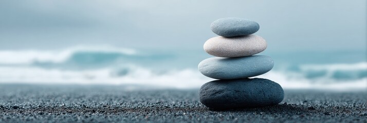 Professional Burnout Prevention Concept with Balanced Pebbles on Beach Premium Calm and Mindfulness Content for Corporate Wellness Marketing