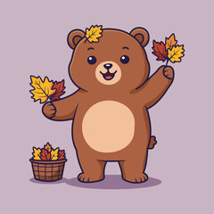 Cute Cartoon Bear with Autumn Leaves. vector illustration