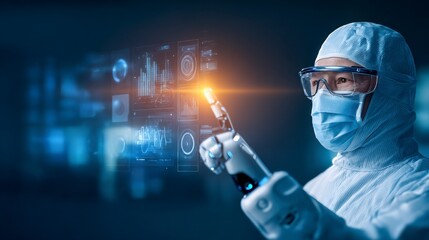 A scientist in protective gear interacts with a futuristic digital interface using a robotic hand, symbolizing advanced technology and innovation in science and medicine.