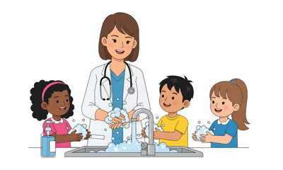 doctor teaching children how to wash hands properly