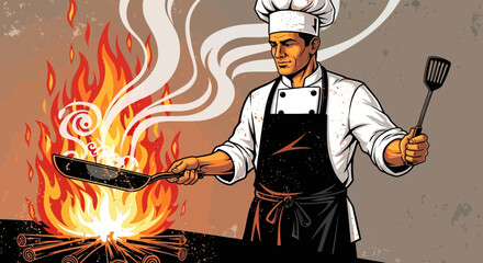 Intense kitchen performance a chef working with blazing flames illustration