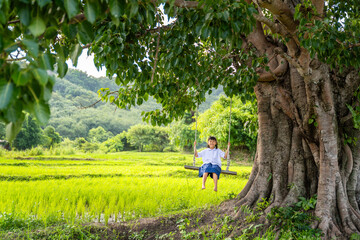A happy Thai schoolgirl in uniform swings under a large tree beside green rice fields, enjoying...