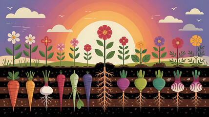 Colorful vegetable garden with flowers and roots under the sunlight showcasing natural growth and organic gardening practices for healthy lifestyle and environmental sustainability promotion