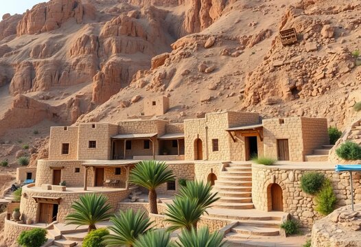 Traditional Yemeni stone village nestled in Djebel Haraz mountains,  landscape,   panorama