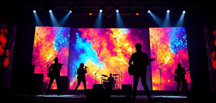 Silhouetted band on stage, massive screen backdrop,  live music,  projector