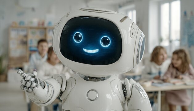 Ein freundlicher Roboter mit leuchtendem Gesicht unterrichtet Kinder in einem Klassenzimmer, Vektor-Illustration.