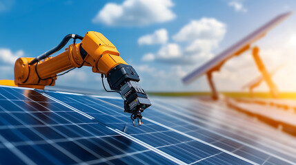 Automated robotics installation of solar panels renewable energy site industrial technology bright environment close-up view