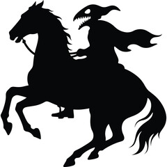 Obraz premium A silhouette of a horse with a rider featuring a scary monster face and flowing cape in dark black color