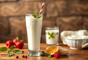 Refreshing glass of ayran, traditional yogurt drink,   delicious,  beverage