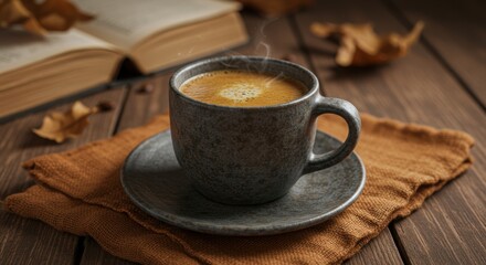 Cozy autumn still life with a steaming cup of coffee an open book and fall leaves on a wooden table creating warm vibes