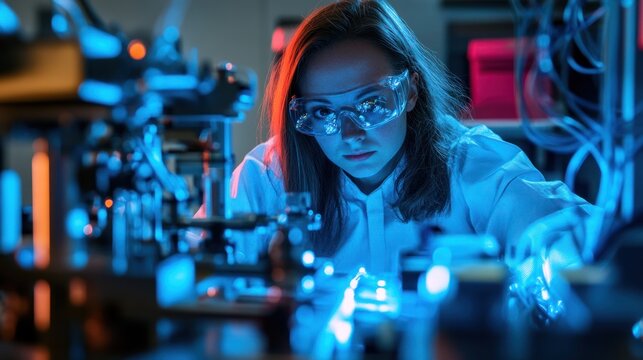 Focused scientist working on complex machinery in a futuristic lab