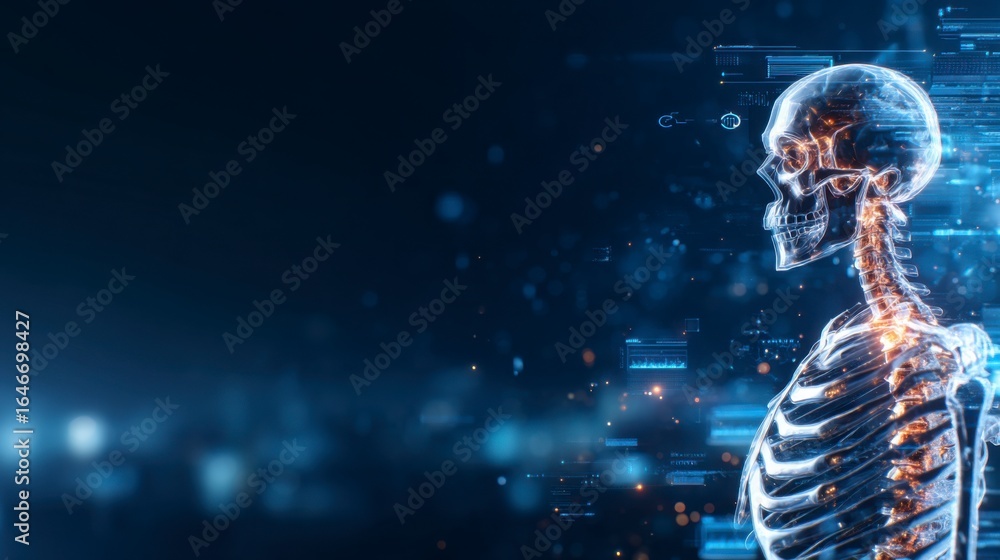 Poster a glowing digital skeletal structure with data points and futuristic elements on a dark blue backgro