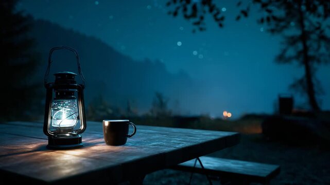 Night scene featuring a lit lantern and a mug on a wooden table, set against a dark mountain backdrop under a starry sky. Soft, moody lighting.