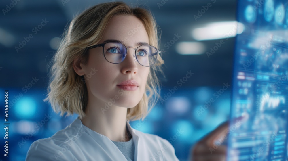 Poster a focused woman in glasses interacts with a futuristic transparent digital screen displaying data an