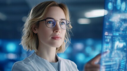 A focused woman in glasses interacts with a futuristic transparent digital screen displaying data and graphs in a high-tech environment.